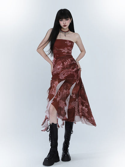 Red Dragon Print Asymmetrical Hem Slim-fitting Dress