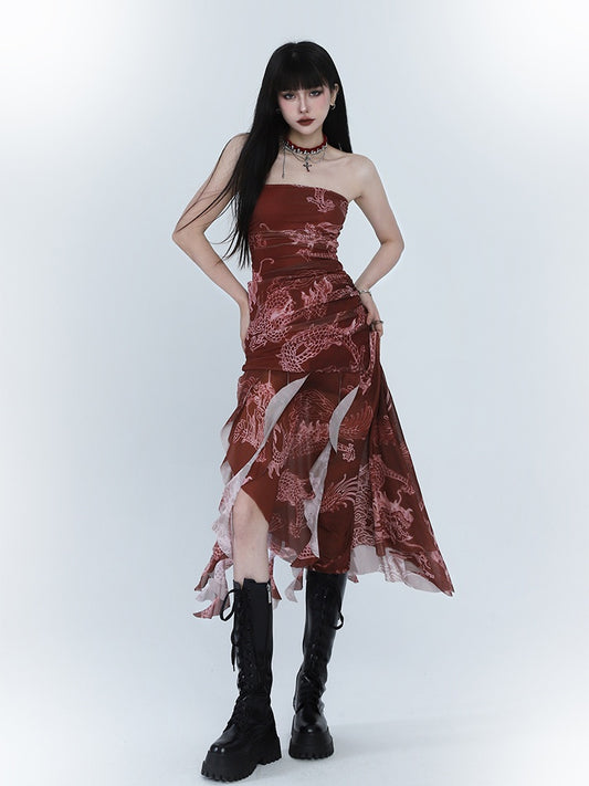 Red Dragon Print Asymmetrical Hem Slim-fitting Dress