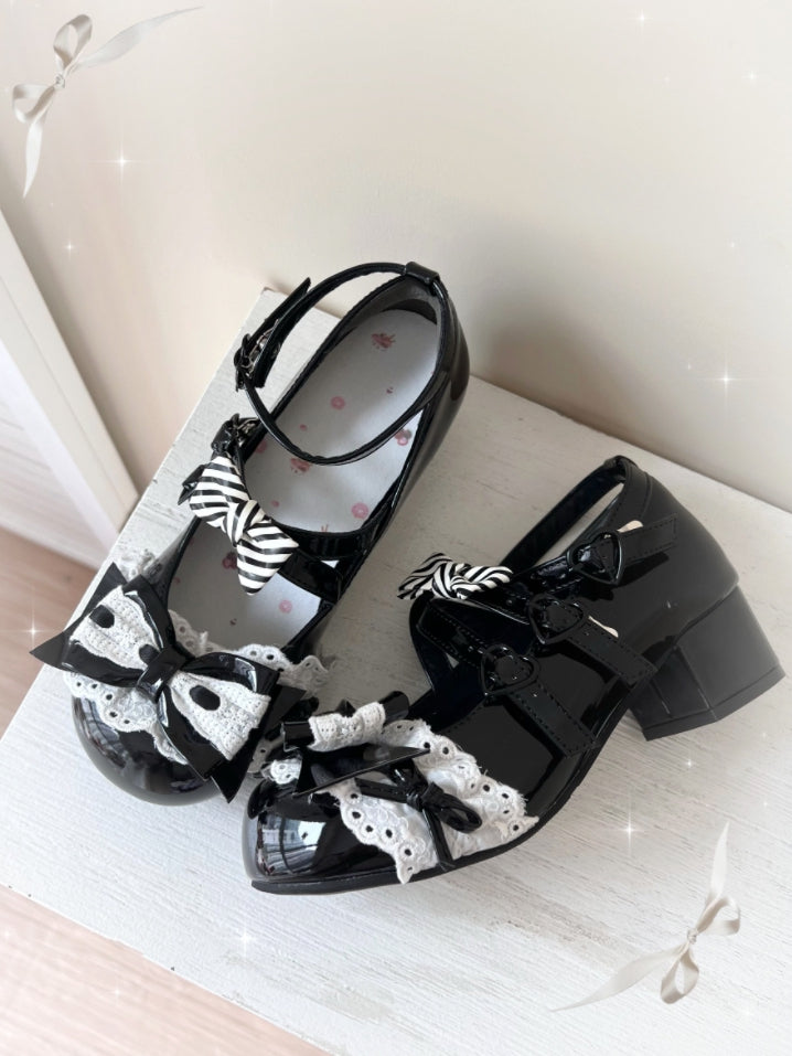 PU Black Sweet Lolita Mary Janes - Crisscross Design with Decorative Heart Buckle & Hidden Snap
