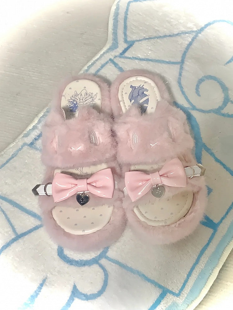 Rebellious Kitten Embroidery Slippers - Jirai Kei Pink Plush Platform with Bow & Heart Charm