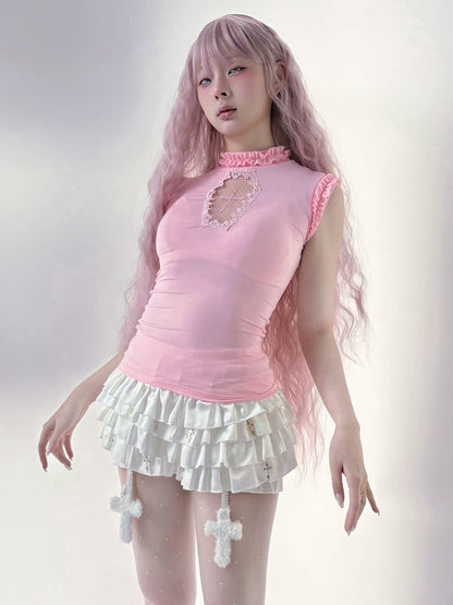 Light Pink Mock Neck Coffin-Shaped Cutout  Pastel Goth Sleeveless Top