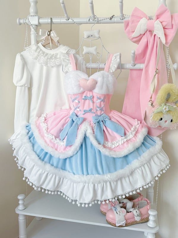 Plush Trimming Pink Sweet Lolita Dress for Autumn and Winter