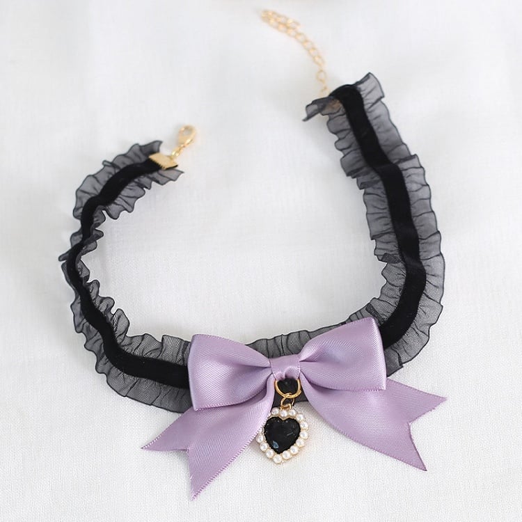 Black Lace Choker With Purple Bowknot And Heart Pendant