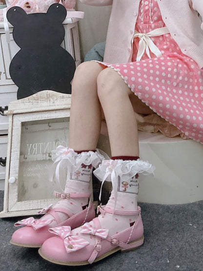 Pink Lolita Polka-dot Pattern Bowknot Details Lace Ruffled Cuffs Calf Socks With Pearls
