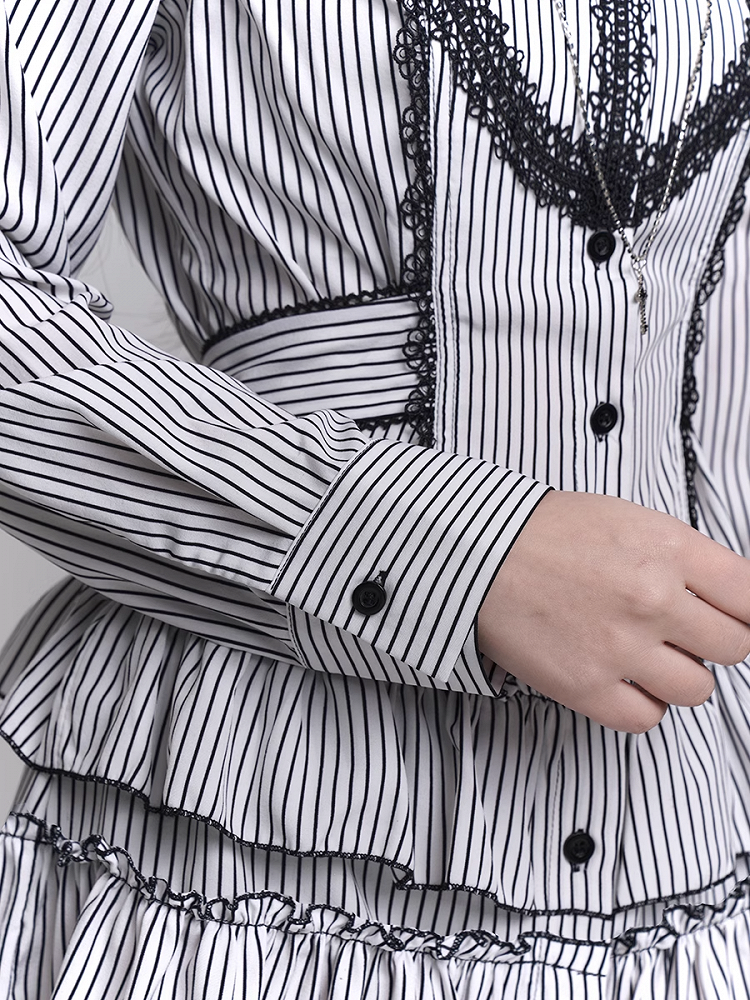 Gothic Lace Cross Tiered Skirt Black and White Striped Shirt Dress