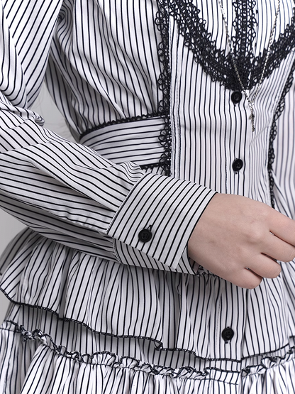 Gothic Lace Cross Tiered Skirt Black and White Striped Shirt Dress