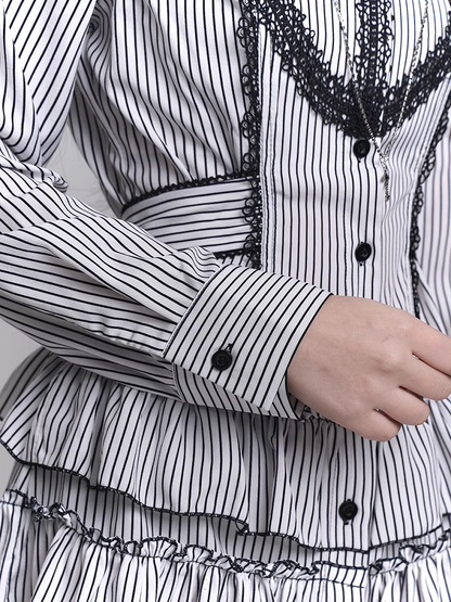 Gothic Lace Cross Tiered Skirt Black and White Striped Shirt Dress