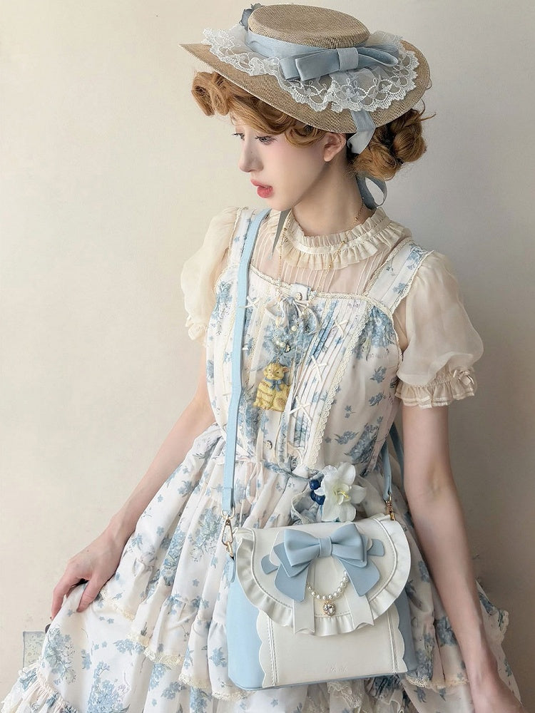 Blue & White Elegant Lolita Bag - Sparkling Heart Charm, Beaded Decor Bow & Dual Interchangeable Straps
