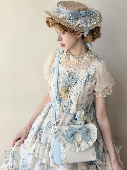 Blue & White Elegant Lolita Bag - Sparkling Heart Charm, Beaded Decor Bow & Dual Interchangeable Straps