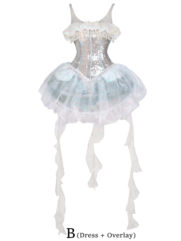 Birdcage Design Hem Shiny Sequins Boning Corset Dress + Jellyfish Overlay