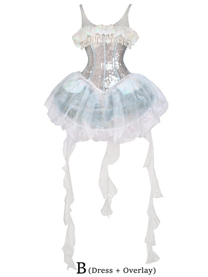 Birdcage Design Hem Shiny Sequins Boning Corset Dress + Jellyfish Overlay