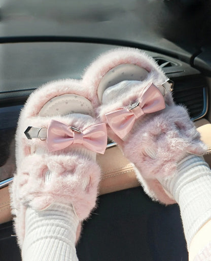 Rebellious Kitten Embroidery Slippers - Jirai Kei Pink Plush Platform with Bow & Heart Charm