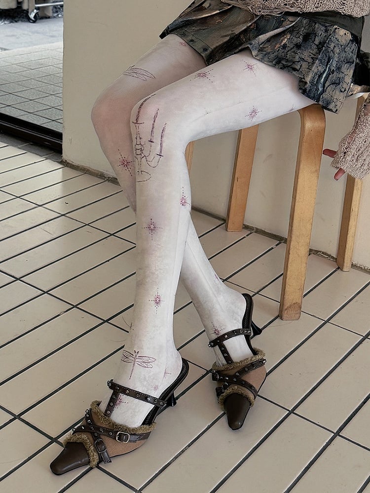 White Lolita Dragonfly Print Tights