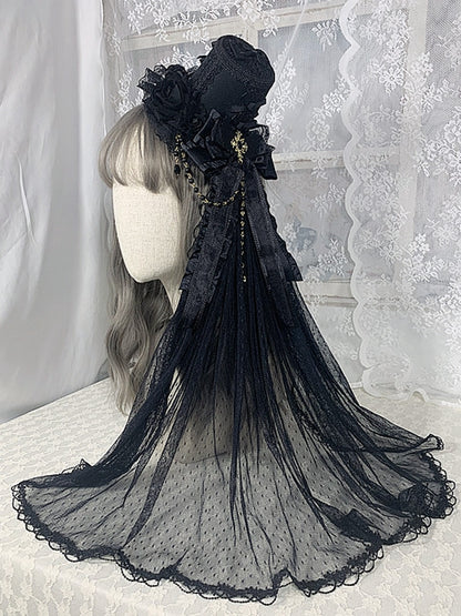 Gothic Cross Chains Black Floral Design Gorgeous Bowknots Mini Hat with Veil