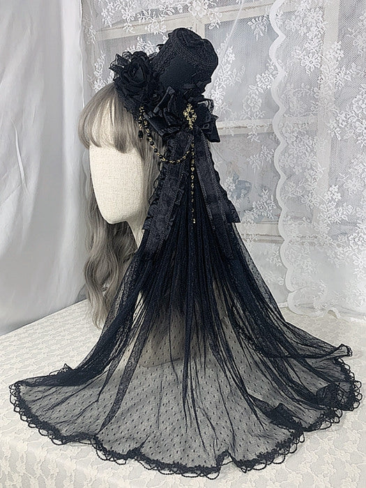 Gothic Cross Chains Black Floral Design Gorgeous Bowknots Mini Hat with Veil