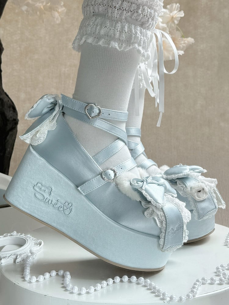 Blue Sweet Lolita Platforms with Plush Bear Ear Accents, Bow Embellishments & Crossed Straps