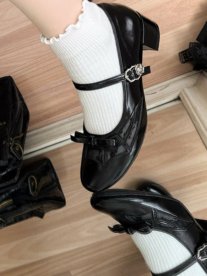 Black Gothic Bow at Top Spiderweb Design Mary Janes