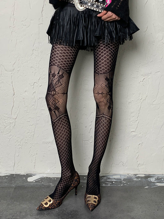 Black Gothic Diamond Pattern Hollow-out Tights
