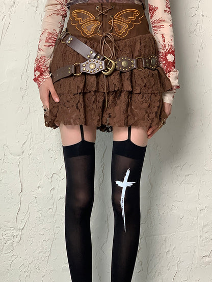 Black Y2K Cross Print Suspender Stockings