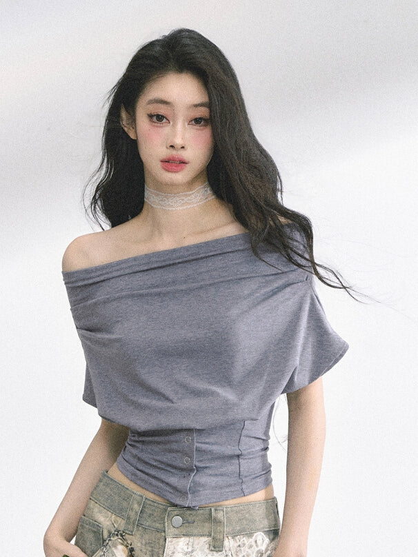 Off-the-shoulder Neckline Gray / Water Blue Slim-fitting T-shirt
