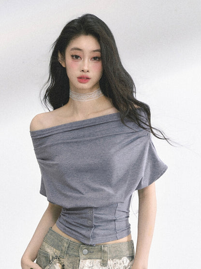 Off-the-shoulder Neckline Gray / Water Blue Slim-fitting T-shirt
