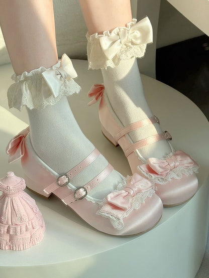 Sweet Pink Lolita Mary Janes - Ruffled Lace Edging, Ornate Bow & Dual Fasteners