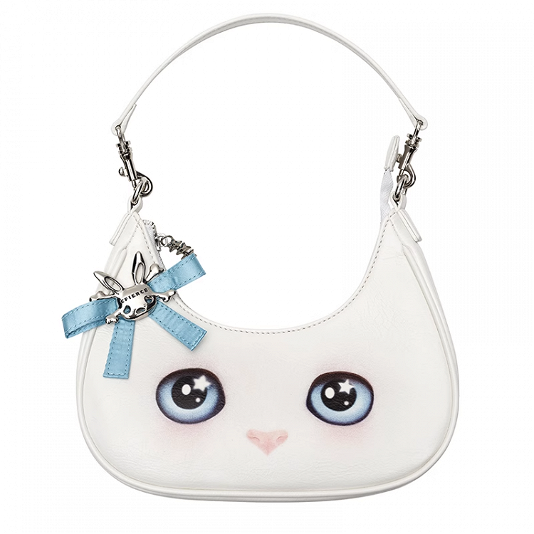 White Kitty Crescent-shaped PU Tote Bag