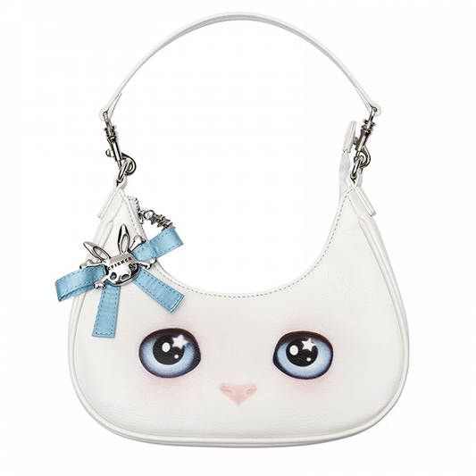 White Kitty Crescent-shaped PU Tote Bag