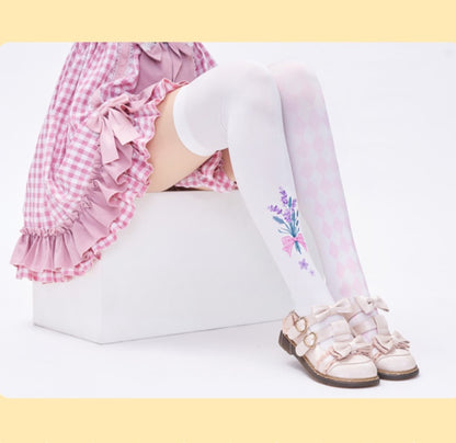 White & Pink Lavender Print Diamond Pattern Over Knee Stockings