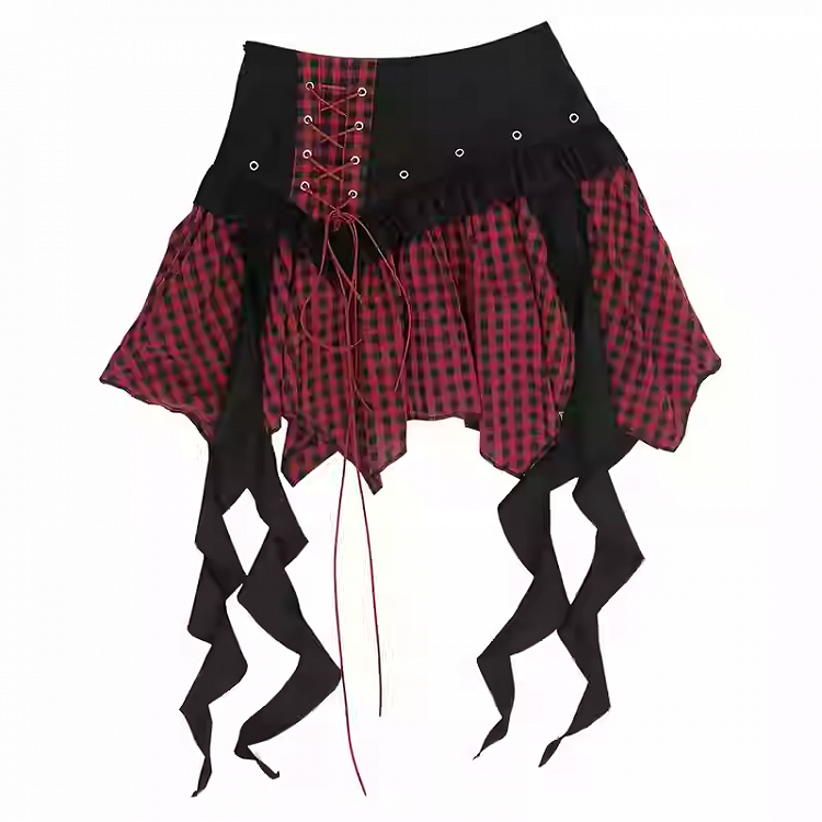 Y2K Red & Black/Black & Gray Plaid Handkerchief Hem Skirt with Lace-up Detail