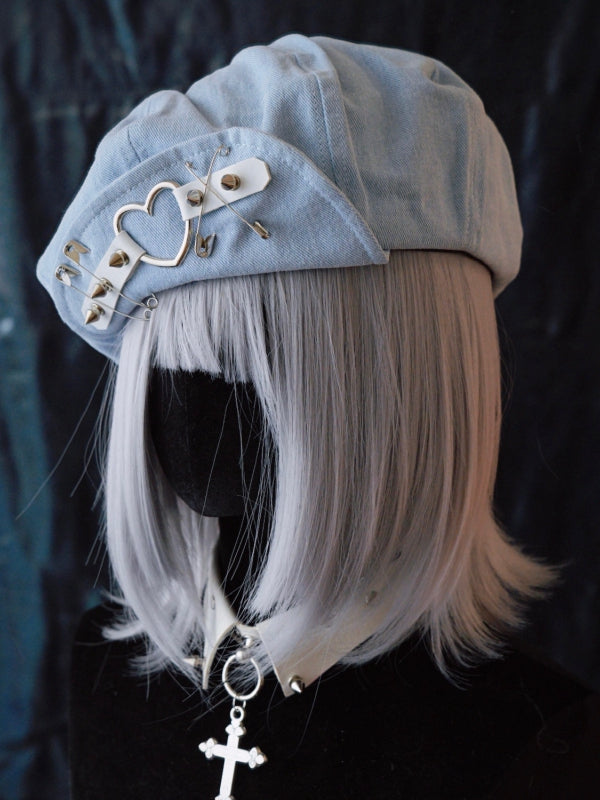 Handmade Light Blue Studs and Pins Denim Beret