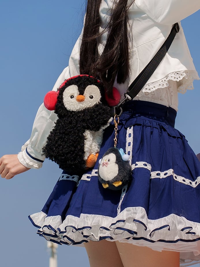 Black Cute Penguin Plush Backpack/Crossbody Bag +Keychain