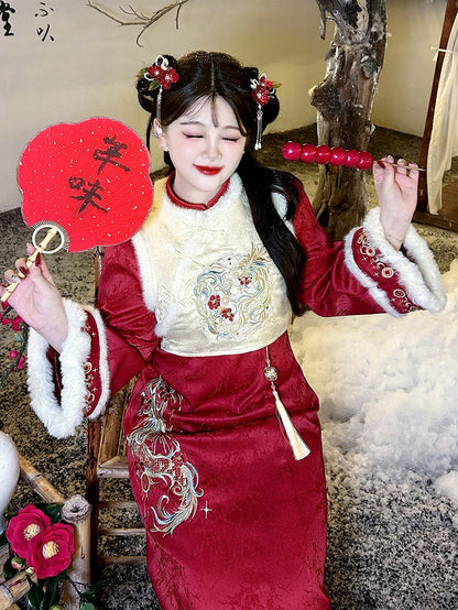 Plus Size Beige Dragon Embroidery New Year Vest