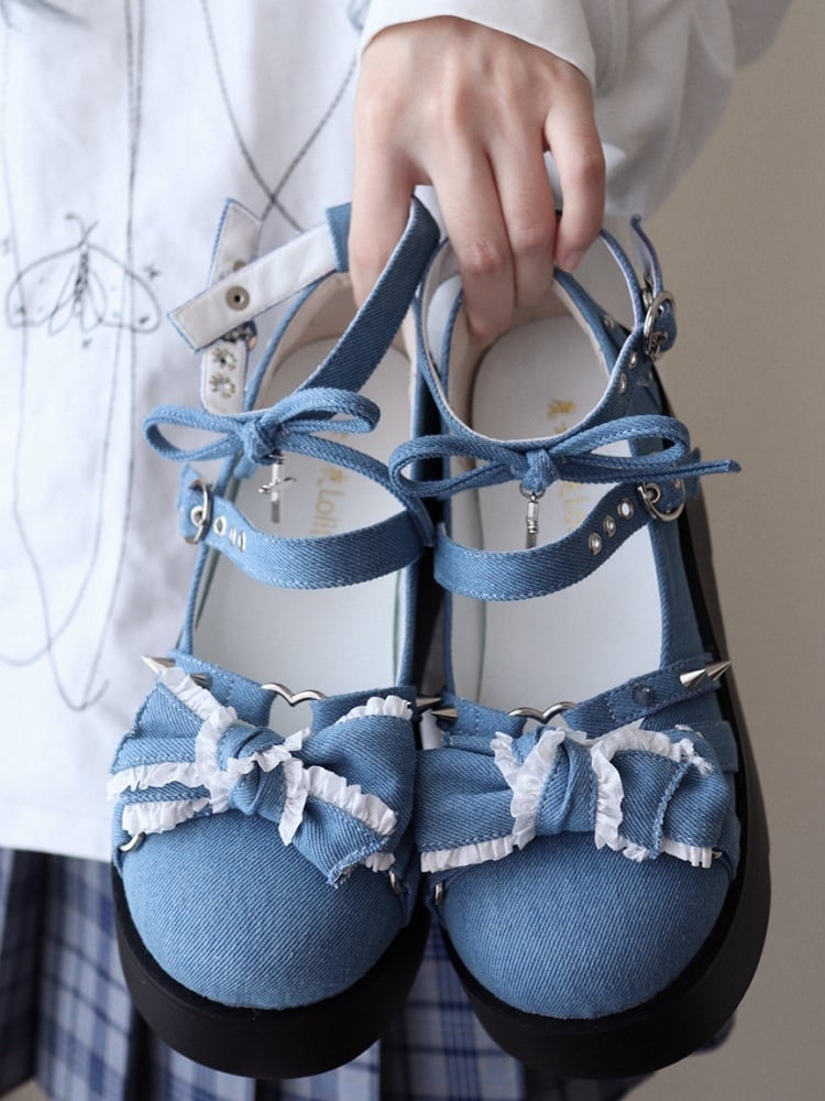 Spike Studs Bow Accents Blue Cross Gothic Platforms Punk Shoes