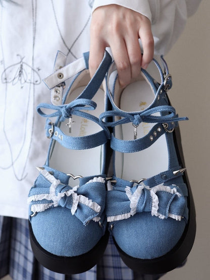 Spike Studs Bow Accents Blue Cross Gothic Platforms Punk Shoes