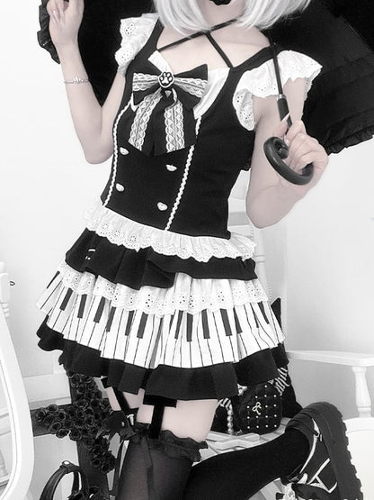Black and White Flutter Sleeves Halter Top+ Piano Key Design Tiered Skirt + Striped Armwear Set