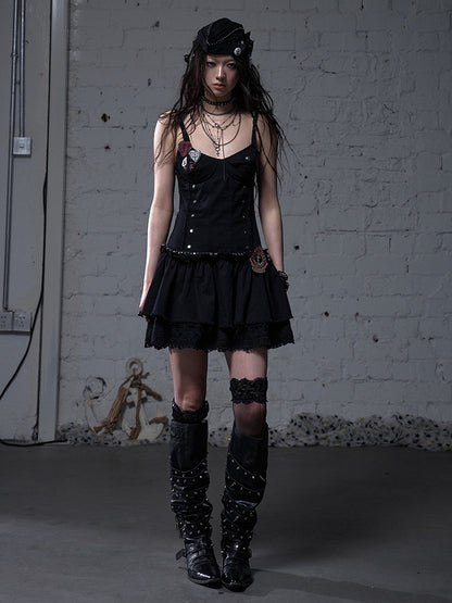 Black/White Dropped Waist Stud Details Raw Hem Punk Cami Dress