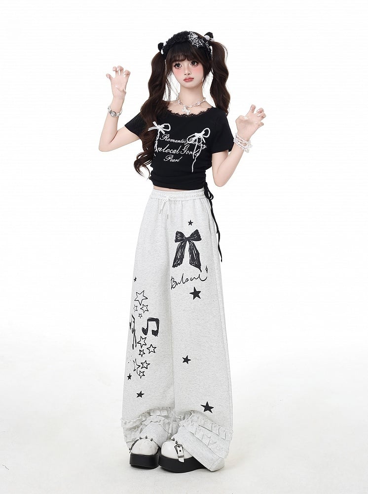 Black/Light Gray Bow and Star Print Vintage Wide-Leg Pants
