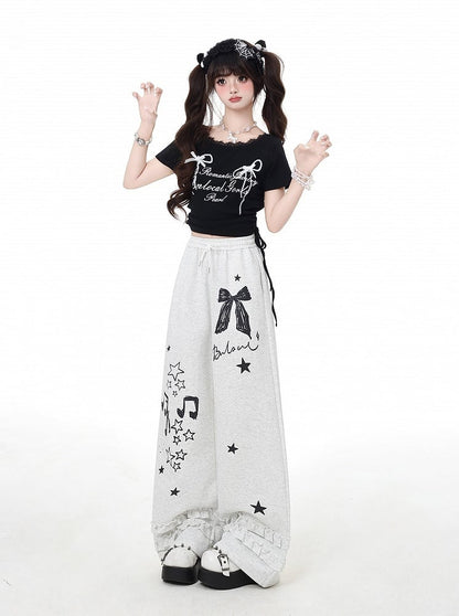 Black/Light Gray Bow and Star Print Vintage Wide-Leg Pants