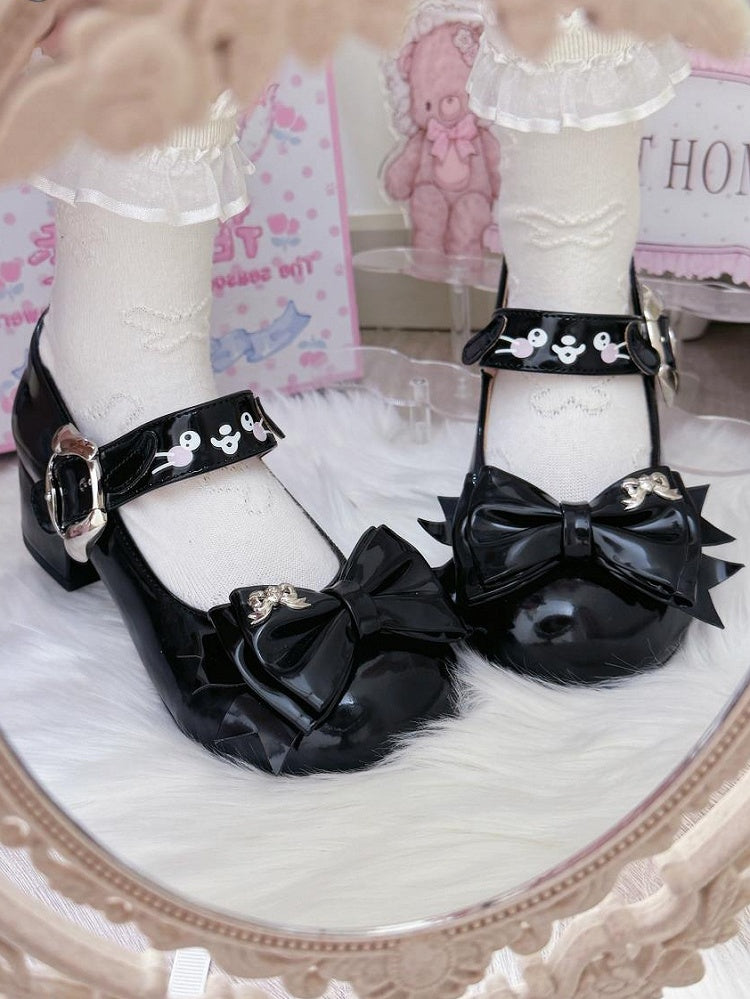 Cute Dog Theme Black Mary Janes in PU - Mid-heel Design, Bow at Top & Puppy Print Buckle Strap