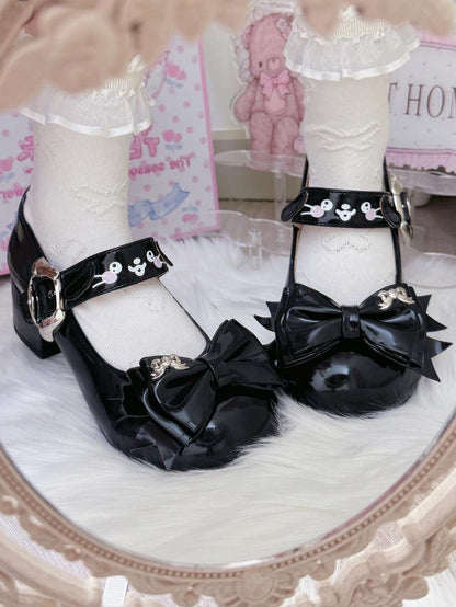Cute Dog Theme Black Mary Janes in PU - Mid-heel Design, Bow at Top & Puppy Print Buckle Strap
