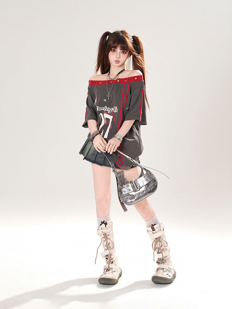 Gray Off-the-shoulder Neckline Number and Star Print Loose T-shirt