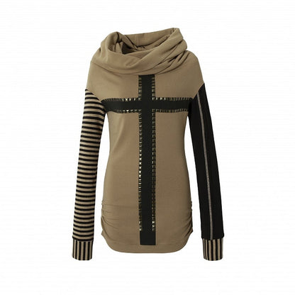 Black&Brown/Red&Black Striped Sleeves Top with Cross Design