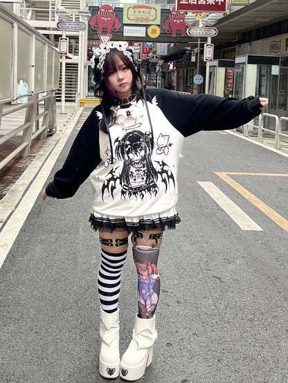 Black & White Evil Girl Print Devil Wing Design Sweatshirt