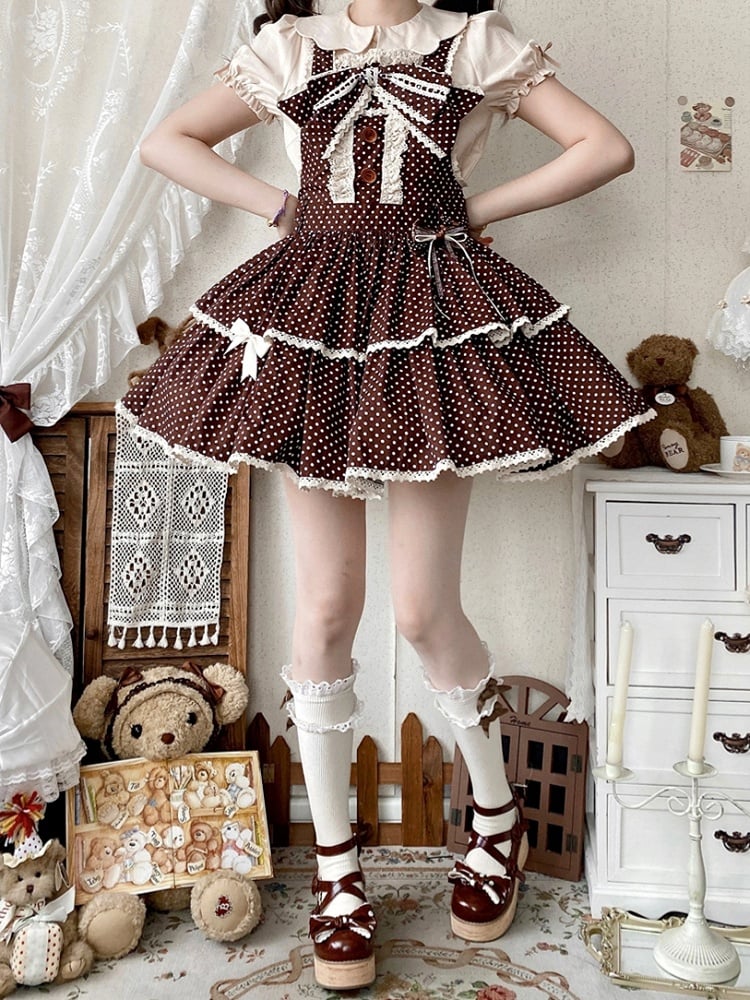 Chocolate Brown Polka-dot Pattern Old School Lolita Overall Dress