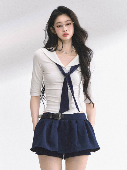 White Preppy Style Sailor Collar Slim-fitting T-shirt with Necktie Design