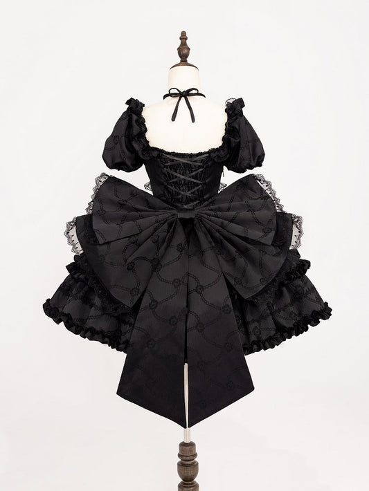 Black Princess Corset Waist Dress Ruffle Skirt Lolita OP with Big Bow at Back