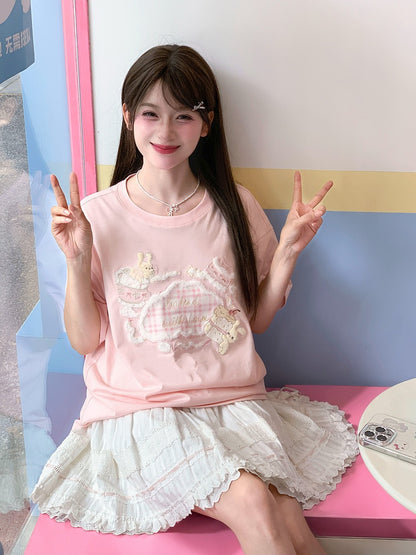 Adorable Bunny Embroidery Pink Round Neck Loose T-shirt