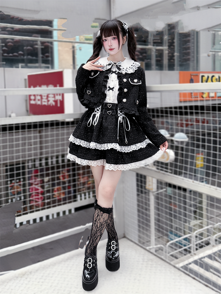 Jirai Kei Black Tweed Tiered Skirt with White Lace Trim & Lace-Up Detail