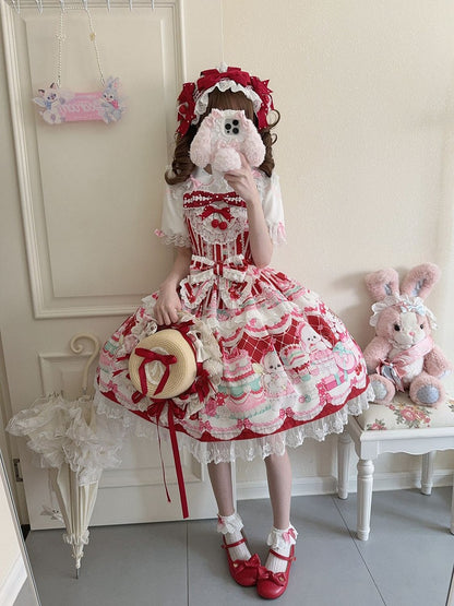 Bunny and Cherry Print Red Sweet Lolita Dress Jumper Skirt